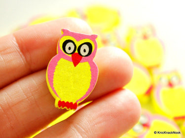 Yellow And Pink Owl Wood Beads x 10